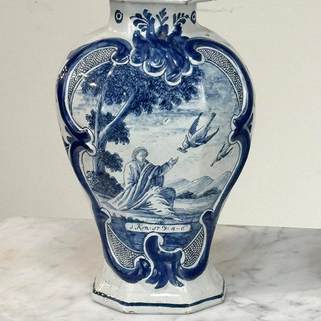 Set of Five 18th Century Dutch Delft Biblical-Themed Garniture Vases For Sale - Image 14 of 18