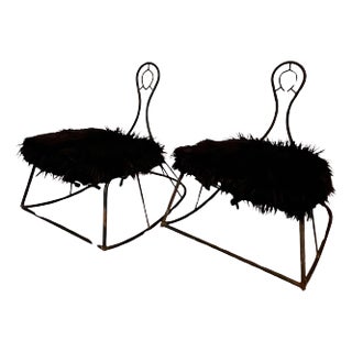 John Risley Metal Rocking Chairs with Mongolian Fur Cushion - A Pair For Sale