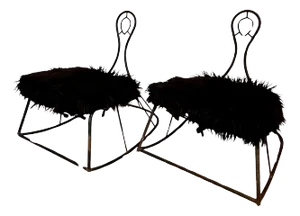 John Risley Metal Rocking Chairs with Mongolian Fur Cushion - A Pair