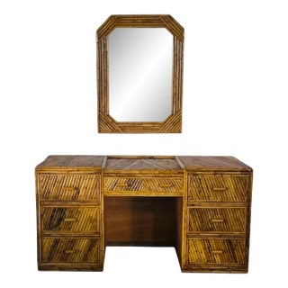 1970s Split Reed Bamboo Desk or Vanity Table With Mirror For Sale