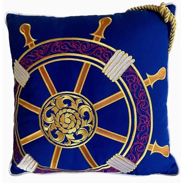 Campaign 1980s Embroidered Applique Nautical Velvet Anchor & Ship's Wheel Pillows - A Pair For Sale - Image 3 of 7