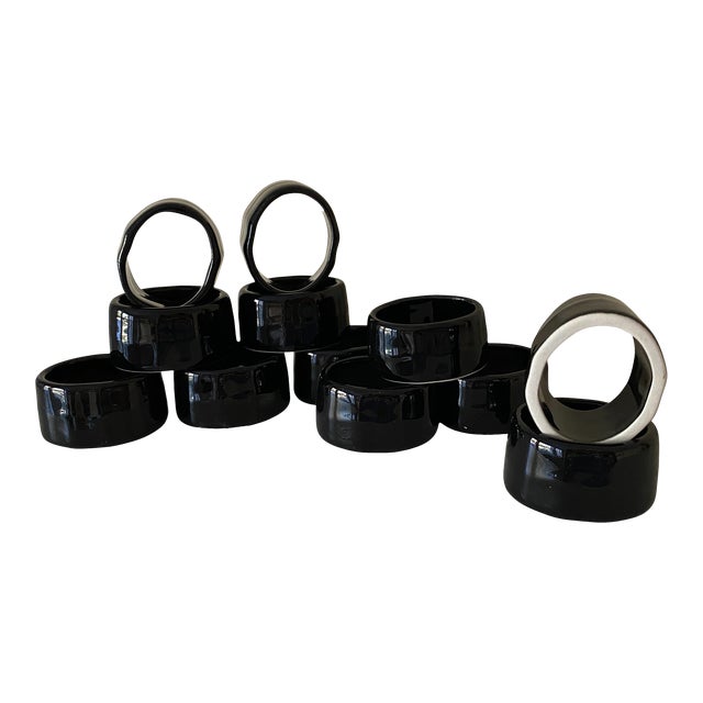 1990s Porcelain Black Glossy Napkin Rings - Set of 12 For Sale