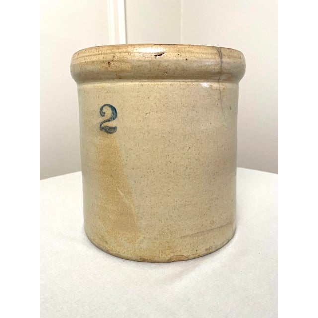 Farmhouse Antique Early American Salt-Glazed Cream & Cobalt Blue Large Stoneware Crock For Sale - Image 3 of 12