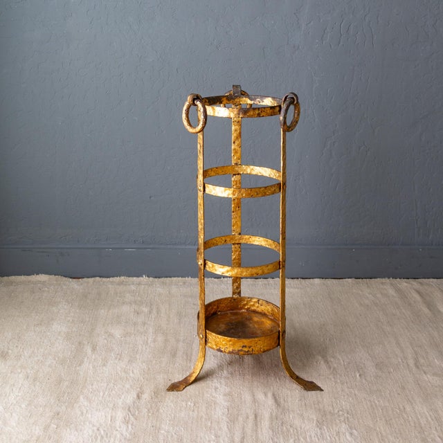 Gothic Neoclassical Umbrella Stand of Gilded and Hammered Iron on Footed Base For Sale - Image 3 of 18