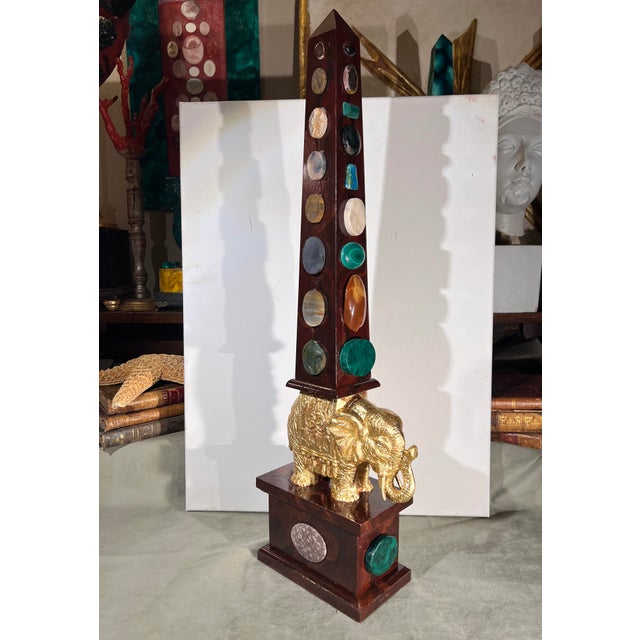 Mid 20th Century Large Italian Grand Tour Style Handpainted & Gilded Obelisk of the Minerva With Semi-Precious Stone Specimens For Sale - Image 5 of 12