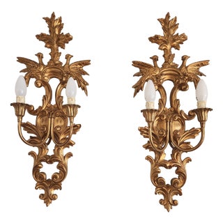 Louis XVI Neo-Classical Rocaille Wall Lamps with Gilded Carved Appliqués and Mirrored Glass, 1890s For Sale