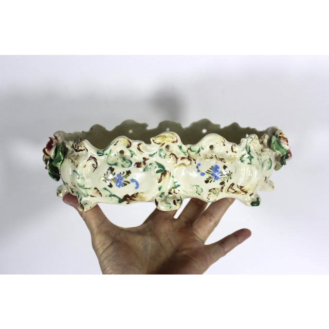1930’s Italian Renaissance Revival Nova Rose Floral Faïence Ceramic Hand Painted Jardiniere Planter, Made in Italy For Sale - Image 6 of 11