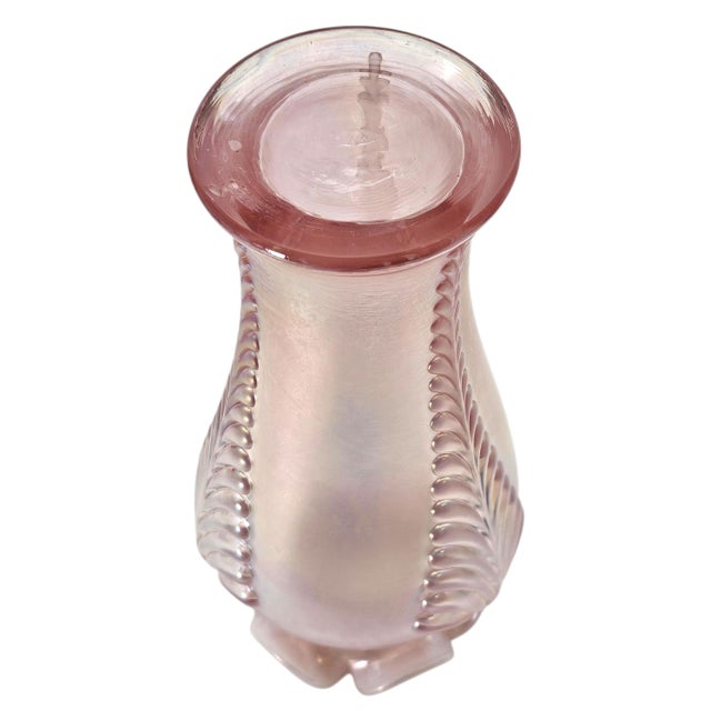 Fenton Pink Opalescent Carnival Glass Feather Pattern Ruffled Vase, Mid-Century For Sale - Image 12 of 16
