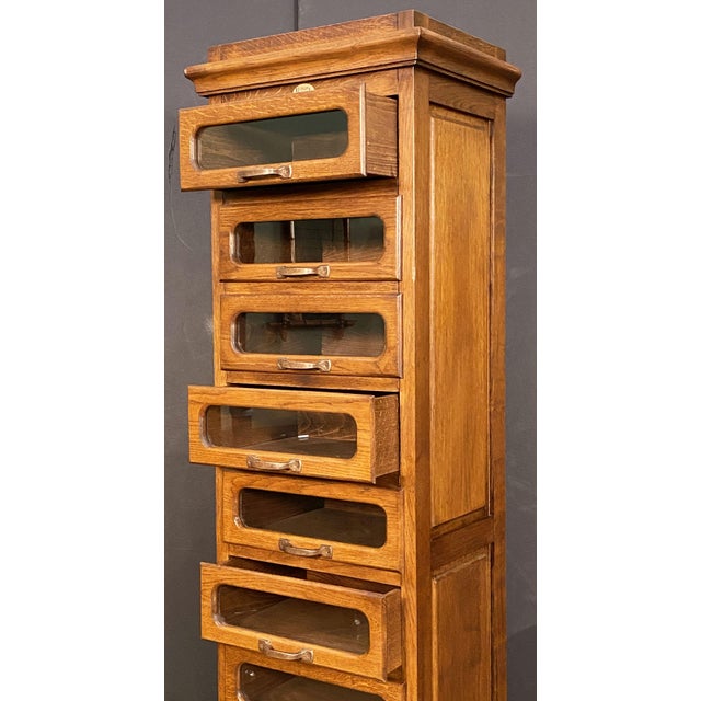 Industrial Single Haberdasher's Cabinet With Glass-Fronted Drawers From Harrod's, London For Sale - Image 3 of 12