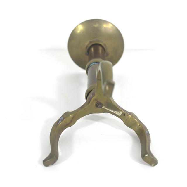 Mid-Century Modern Vintage Brass and Copper Pillar Candle Holder Three Legs Staging Shelf Decor Dining Table Patina Corrosion For Sale - Image 3 of 8