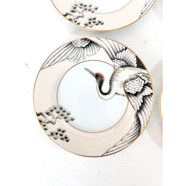 Fitz and Floyd Chinoiserie Crane Decorative Plates – Black Ivory Gold Rim Display Plates (Set of 4) For Sale - Image 4 of 12