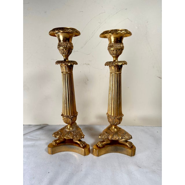 Gold Antique Pair French Neoclassical Ormolu Bronze Candlesticks For Sale - Image 8 of 12