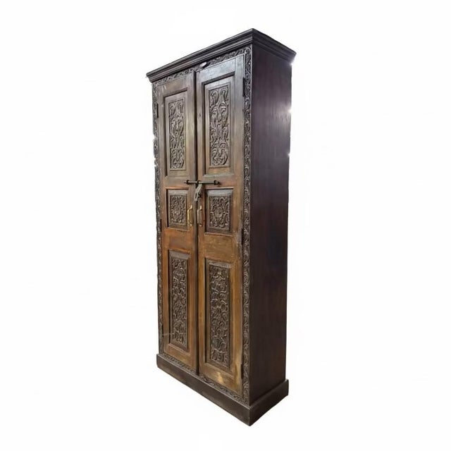 Indian Vintage Hand Carved Door Repurposed Solid Wood 93" Tall Armoire For Sale - Image 3 of 9