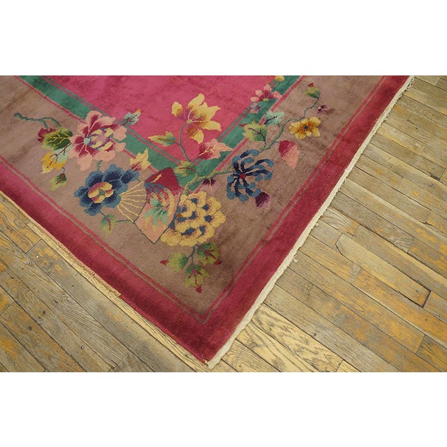 1920s Pink Floral Antique Chinese Art Deco Rug 9' X 11'6" Handknotted Wool Carpet For Sale In New York - Image 6 of 6