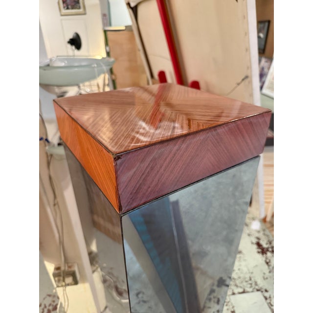 Contemporary Large Mirrored Column Pedestal With Woodgrain Top For Sale - Image 3 of 6