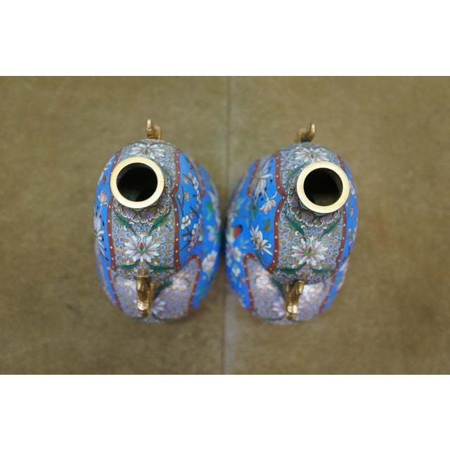 Antique Chinese Champleve Cloisonne Double Gourd Turquoise Mantel Vases Urns 12" For Sale - Image 12 of 17