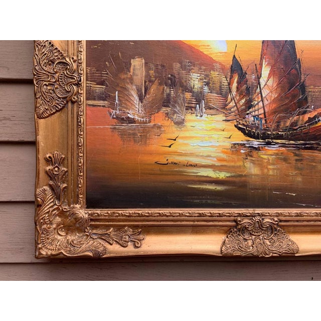 Late 20th Century Stunning Oil Painting on Canvas, Seascape, Sailing Ships at Sunset, Framed For Sale - Image 4 of 12