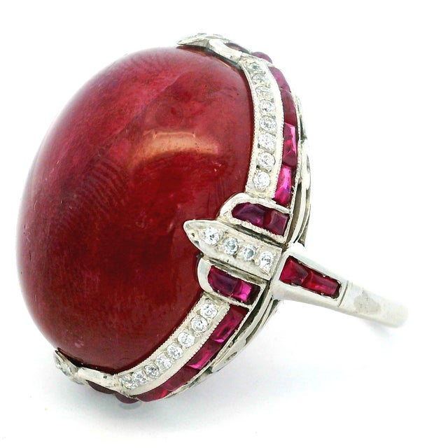Vintage Platinum Cabochon Ruby, Ruby and Diamond Statement Ring, Size 6.5 For Sale - Image 14 of 15