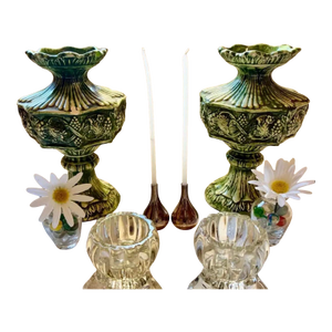Vintage Candle Holders: 2 Large Green Majolica Stands, 2 Dansk Silverplated, 2 Jeanette, & 2 Mini Flower Vases With Vintage Marbles