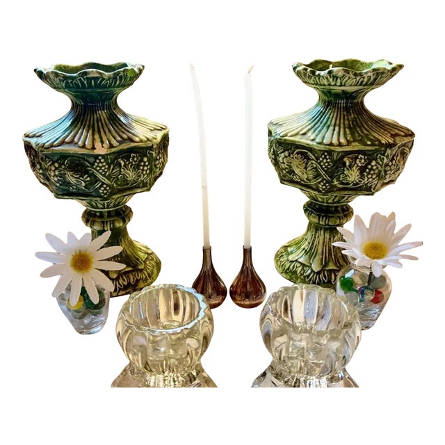 Vintage Candle Holders: 2 Large Majolica Stands, 2 Dansk Silverplated, 2 Jeanette, & 2 Mini Flower Vases With Vintage Marbles For Sale