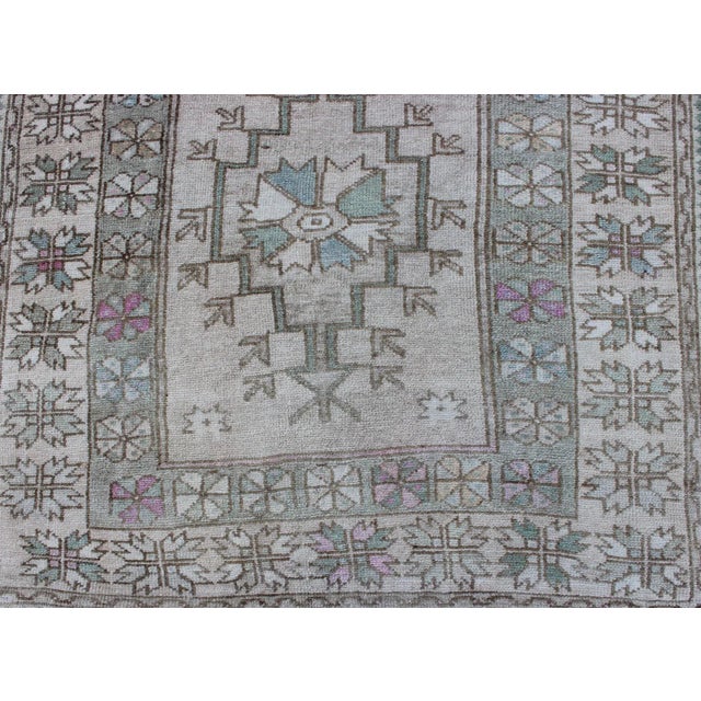 Textile Tribal Vintage Turkish Oushak Square Rug With Medallion in Soft Green and Creams For Sale - Image 7 of 11