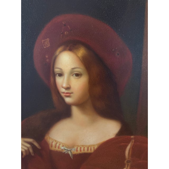 Rustic European 1990s Oil on Canvas,Lady in Red Portrait For Sale - Image 3 of 6