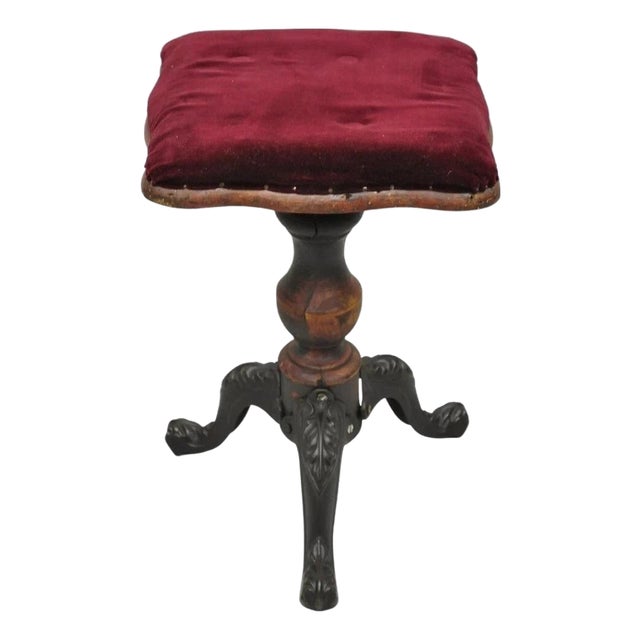 Antique American Victorian Cast Iron Wood Pedestal Adjustable Piano Bench Stool For Sale