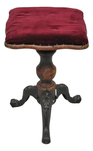 Antique American Victorian Cast Iron Wood Pedestal Adjustable Piano Bench Stool