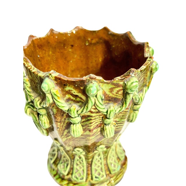 Pair Antique French Majolica Glazed Terracotta Jardinieres With Rope and Tassel Design For Sale - Image 11 of 17