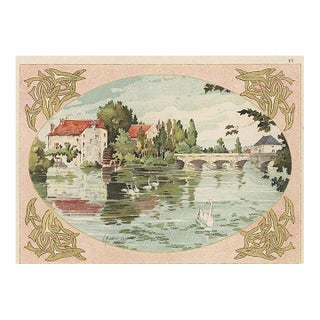 C1900 French Art Nouveau Pastoral Landscape Chromolithograph With Swans-by Habert Dys For Sale