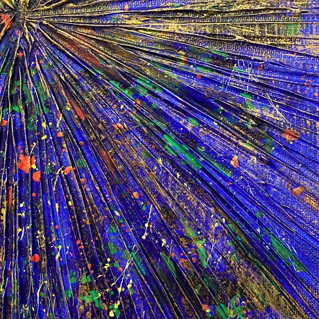 Abstract Abstract Acrylic Painting in Gold Frame – Textured Cosmic Burst Art, Blue & Gold Modern Wall Decor by Tatiana Duperault For Sale - Image 3 of 5