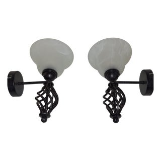 Vintage Wall Lamps with Black Metal Frame and Marbled White Glass Shade by Crestano, 2000s, Set of 2 For Sale