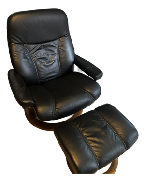 Ekornes Stressless Black Leather Recliner and Ottoman With Wood Base