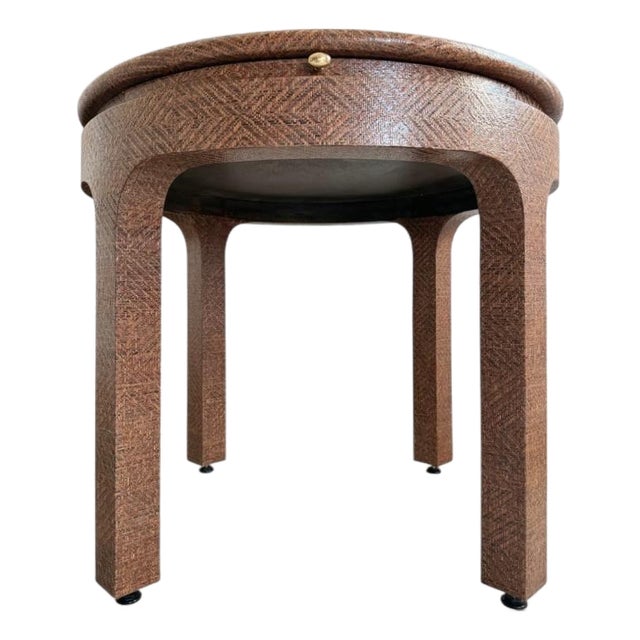 Harrison Van Horn Round Game Table Lacquered Raffia Sliding Shelf 1980s Glamour For Sale