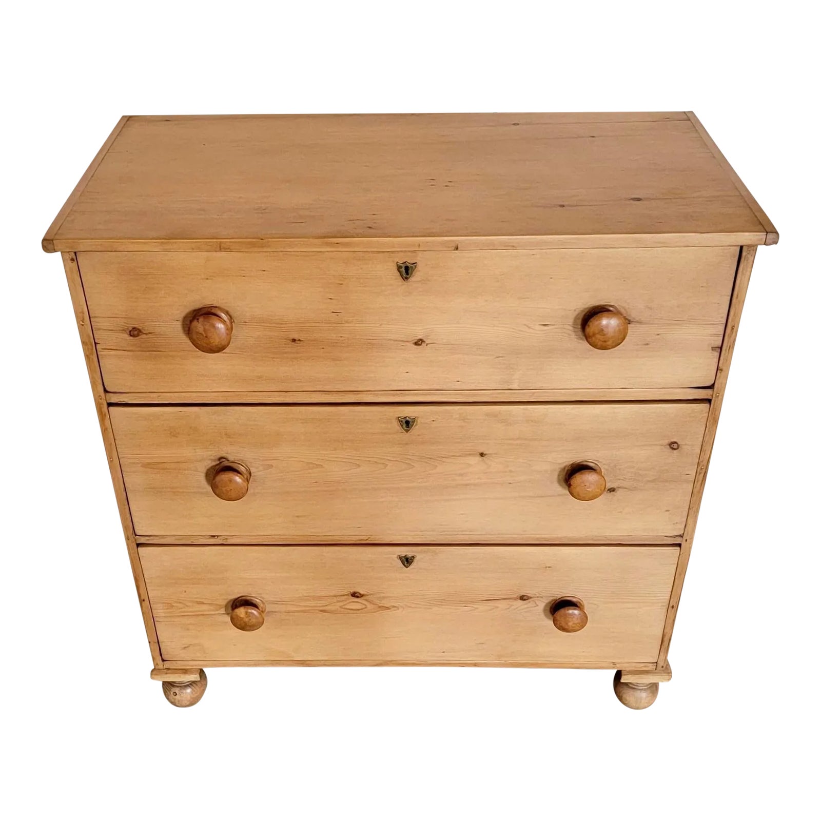 Antique Pine 3 Drawer Chest of Drawers With Brown Wooden Knobs From