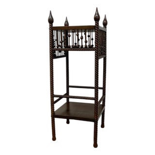 Vintage Barley Twist Wood Plant Stand / Side Table With Turned Spindle Gallery and Finials For Sale
