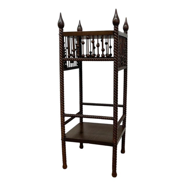 Vintage Barley Twist Wood Plant Stand / Side Table With Turned Spindle Gallery and Finials For Sale
