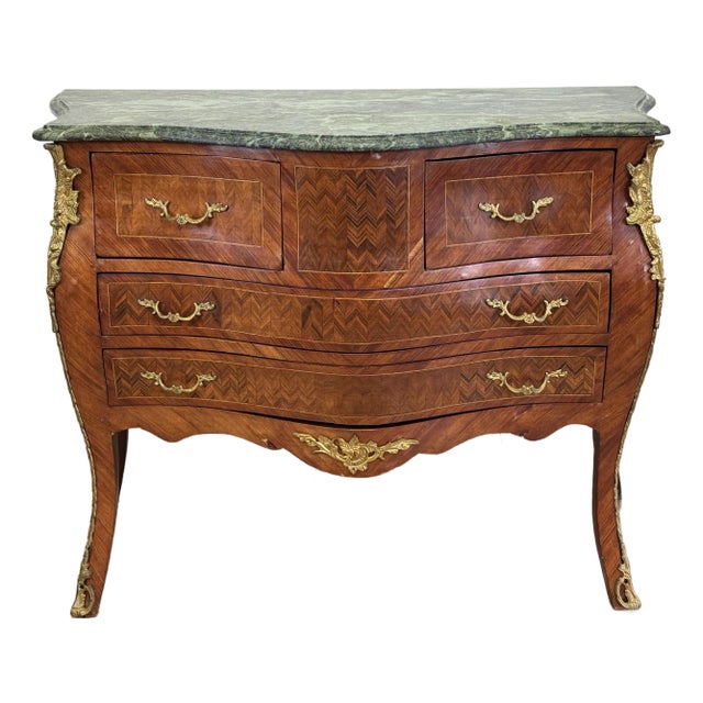 Vintage French Louis XV Style Marble Top Commode Bombe Chest For Sale