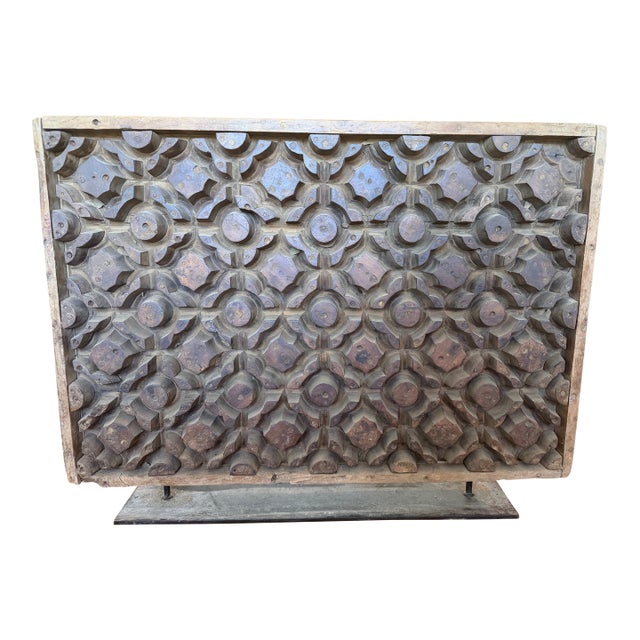 Stunning Antique Indian Carved Wood Panel Mold — 39x29" With Metal Stand For Sale