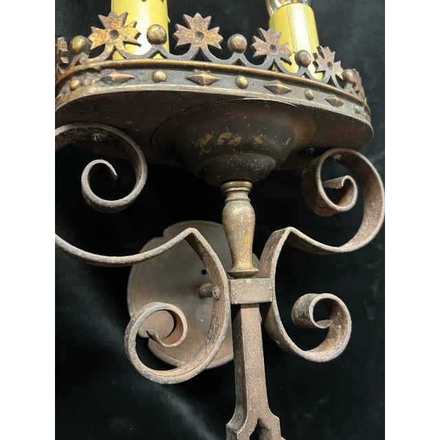 Metal Spanish Revival 1920's Interior Sconces With Crown Detailing -A Pair For Sale - Image 7 of 12