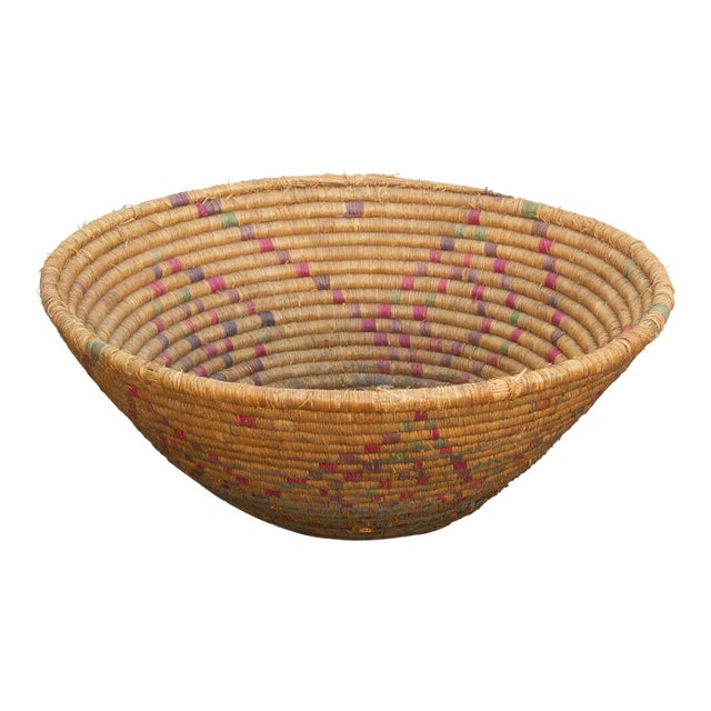 Vintage Woven Basket With Geometric Pattern For Sale