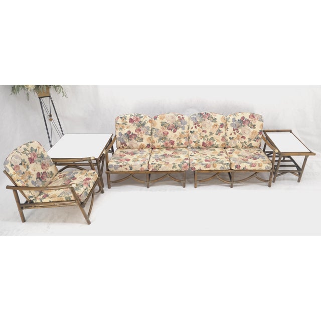 Vogue Rattan Bamboo c1970s Sofa Matching Chair Pair of End Tables - 5 Piece Set For Sale - Image 9 of 12