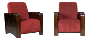 Art Deco Club Chairs with Carved Wood Arms and Burgundy Upholstery – A Pair