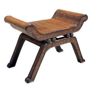 Vintage Woven Rattan Scroll-Arm Footstool / Side Table For Sale