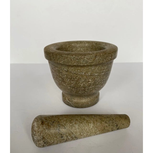Vintage gray/green honed heavy marble mortar and pestle. Mortar measures 5.25"W x 4.25"H Pestle is 5.5" long