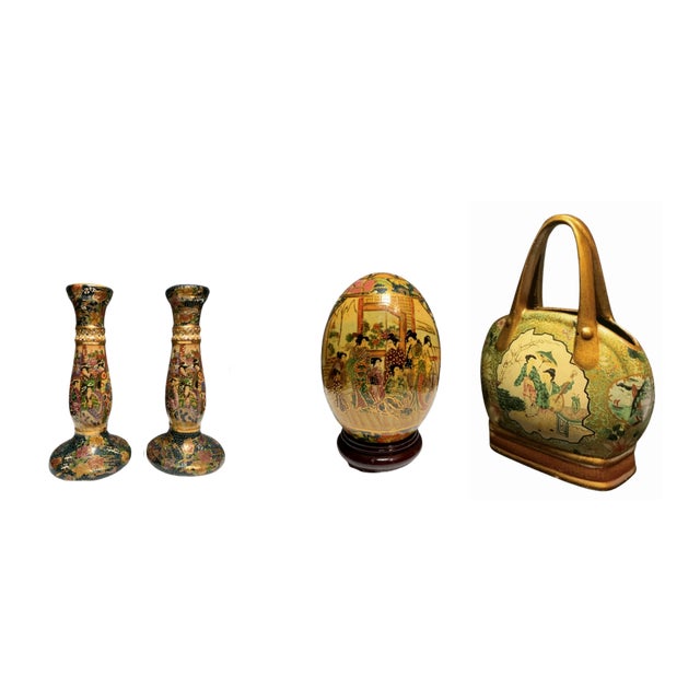 Satsuma Ceramic Vase and Candle Holders, Orb and Purse Vase - A Set For Sale - Image 16 of 18