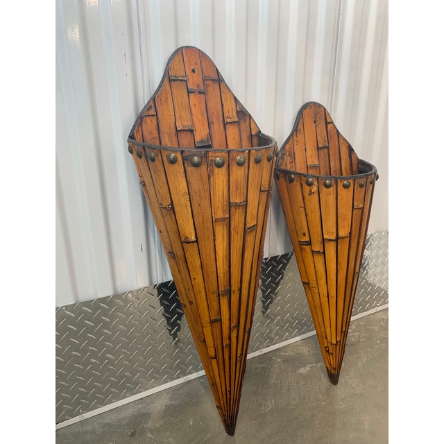 Pair of Graduated Sized Bamboo Wall Pockets. Great With or Without Plants/Arrangements. LG: 12.5”W x 7”D x 34”H MD:...