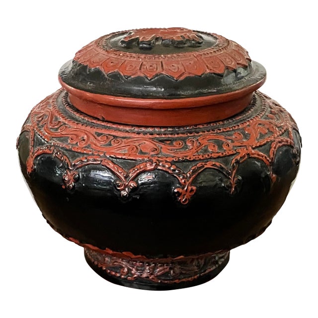 Antique Burmese Lacquer Lidded Jar, Elephant, Red & Black, 5 1/2” X 4 1/2” T For Sale