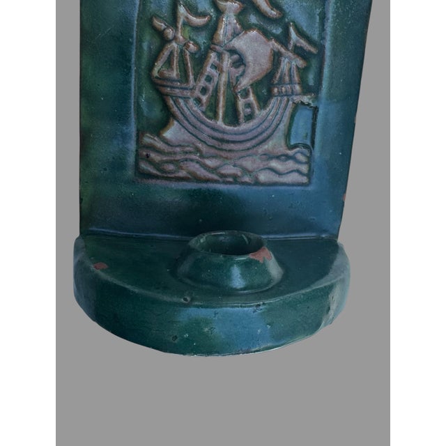 Arts & Crafts Antique Bucks County Art Pottery Ship Wall Candle Sconce Arts Crafts Green 10.5” For Sale - Image 3 of 8