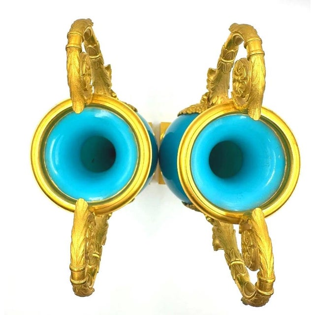 Antique Charles X French Vases in Blue Opaline and Gilded Bronze, Set of 2 For Sale - Image 11 of 13